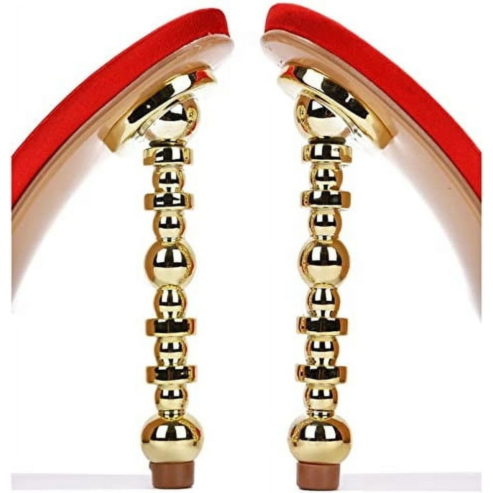 Cape Robbin Salsa Red High Heels Ribbon Open Toe Gold Sculptural Oval Pumps - Picture 4 of 4
